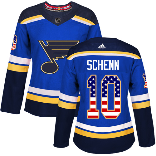 Adidas Blues #10 Brayden Schenn Blue Home Authentic USA Flag Women's Stitched NHL Jersey - Click Image to Close